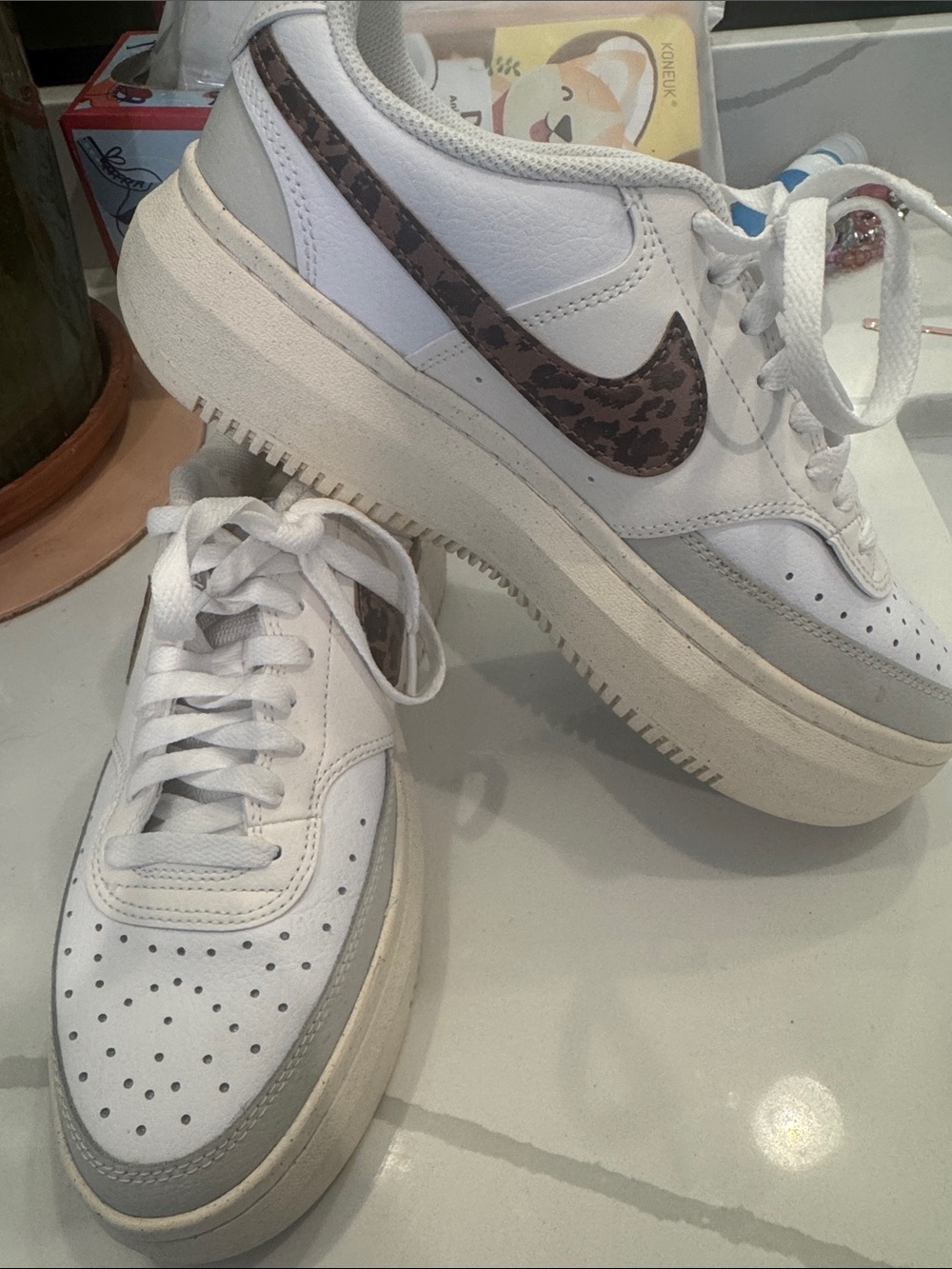 Nike White and Gray Platform Sneakers with Leopard Swoosh